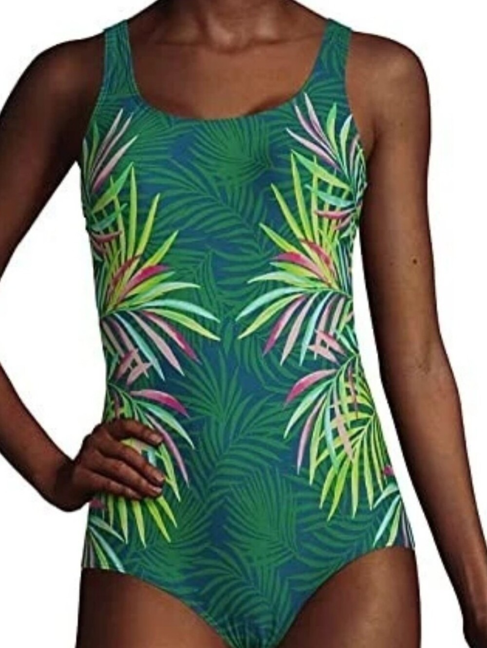 Lands' End Green Tropical Leaf Print Tugless One-Piece Size 4P